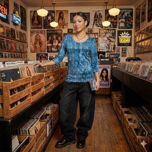 Storybuk Blue & White Y2K 90's Grunge Asymmetrical Bedazzled Top Size Small